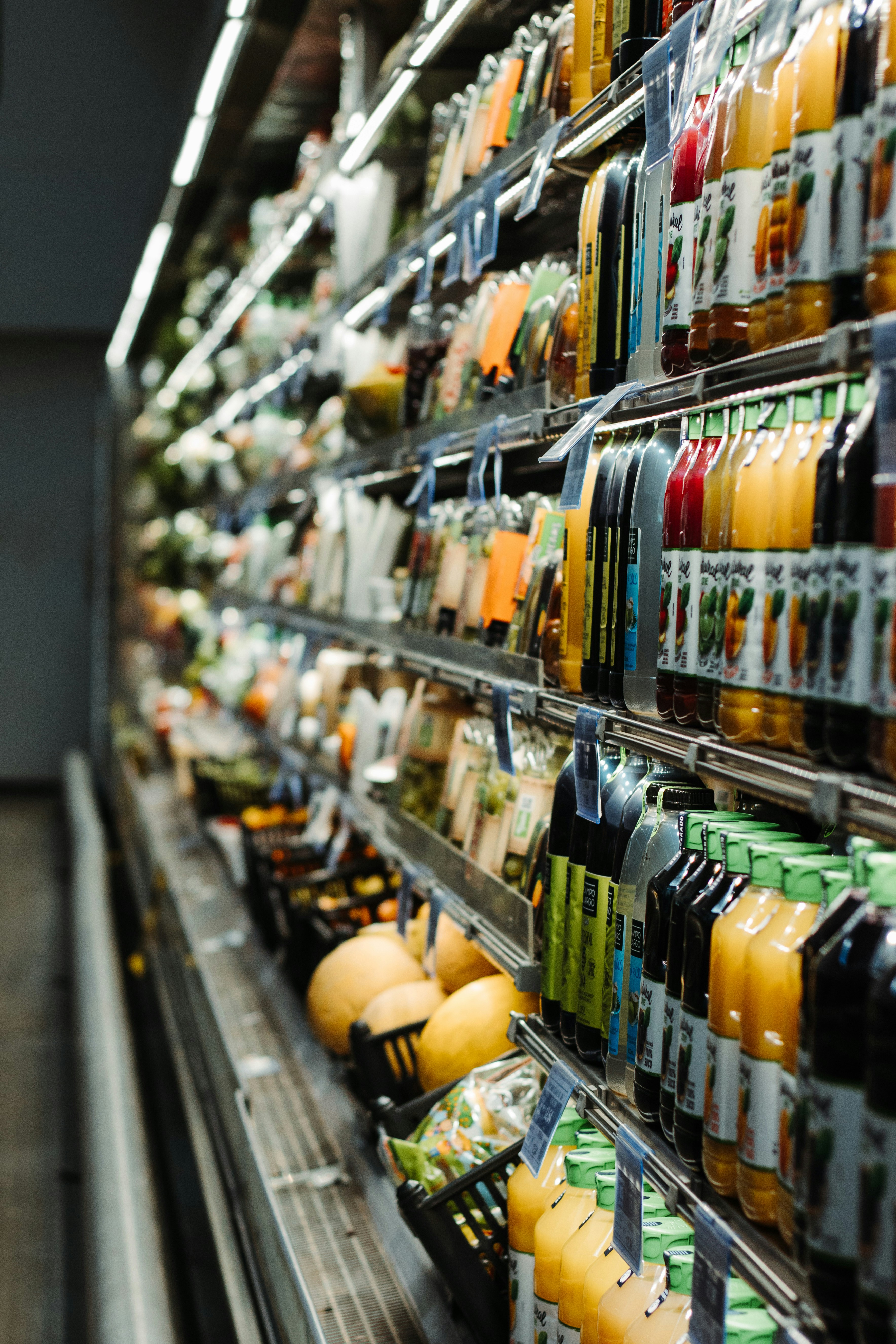 Refrigerated beverage shelves with juices