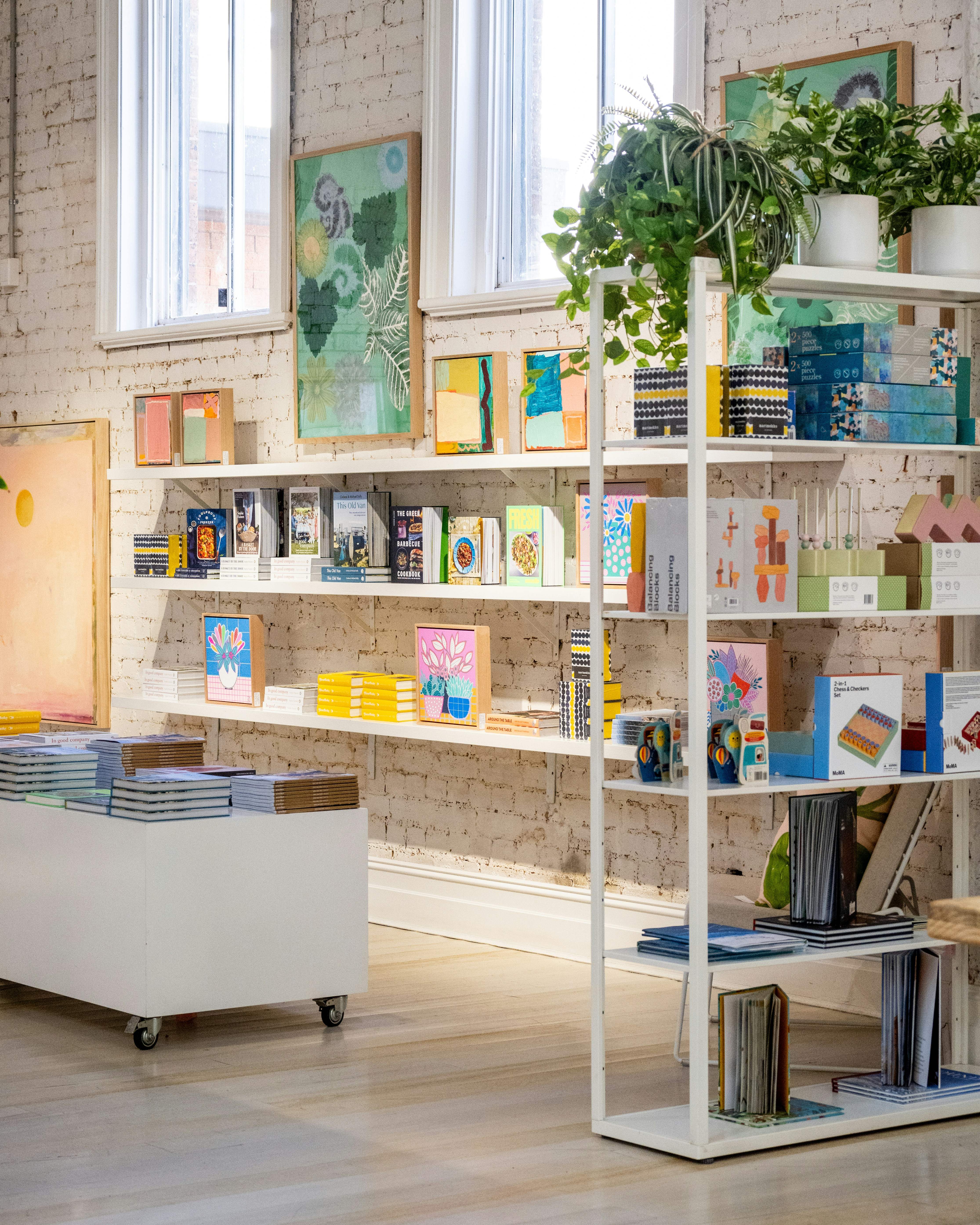 Bright retail shelving with books and plants